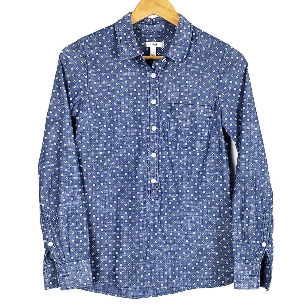J. Crew Circle-print Chambray Popover Shirt Size 0 - Picture 3 of 8